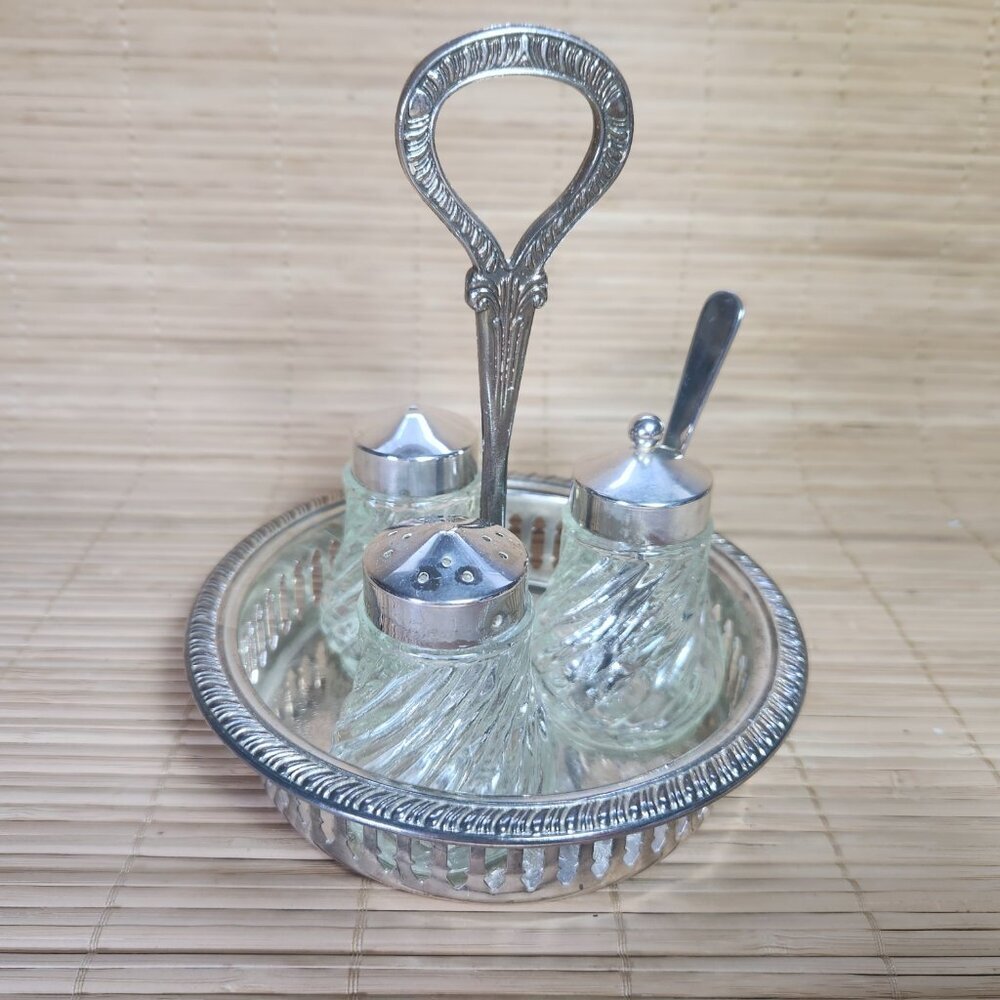 Vintage Hong Kong Salt Pepper Sugar Set Glass Jars Steel Caddy w Spoon